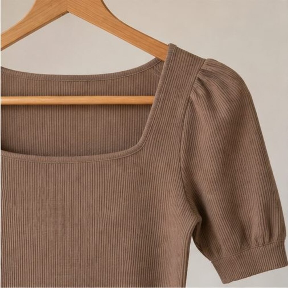 Taupe Ribbed Square Neck Top - Picture 4 of 6